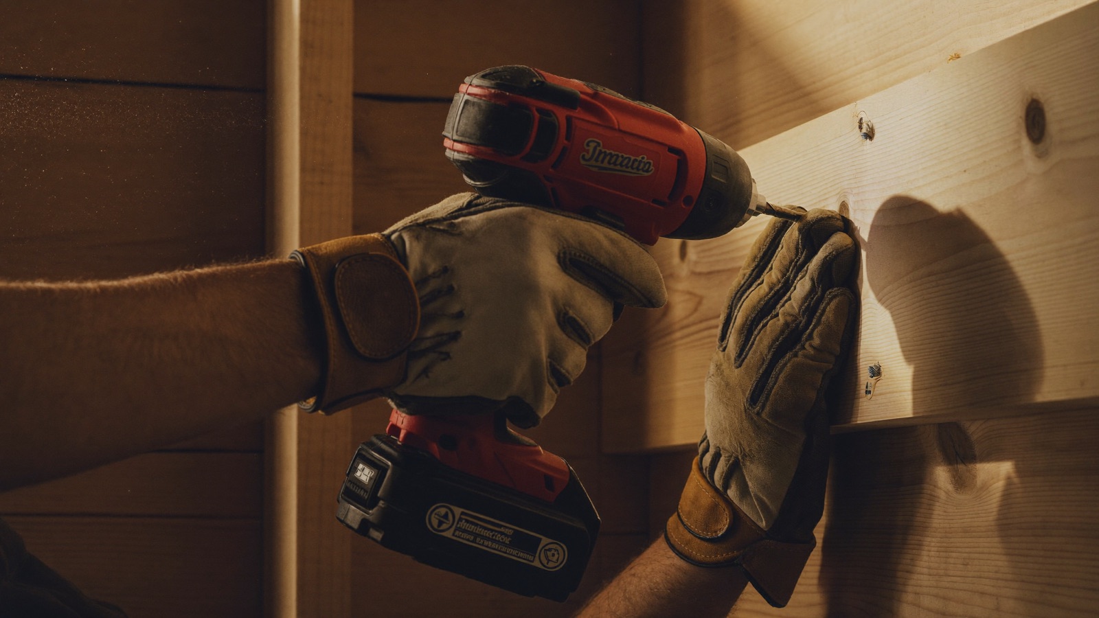 Mains de charpentier-menuisier vissant une pièce de bois à la perceuse, copeaux dans la lumière dorée