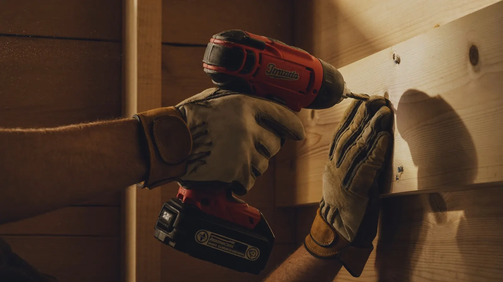 Mains de charpentier-menuisier vissant une pièce de bois à la perceuse, copeaux dans la lumière dorée