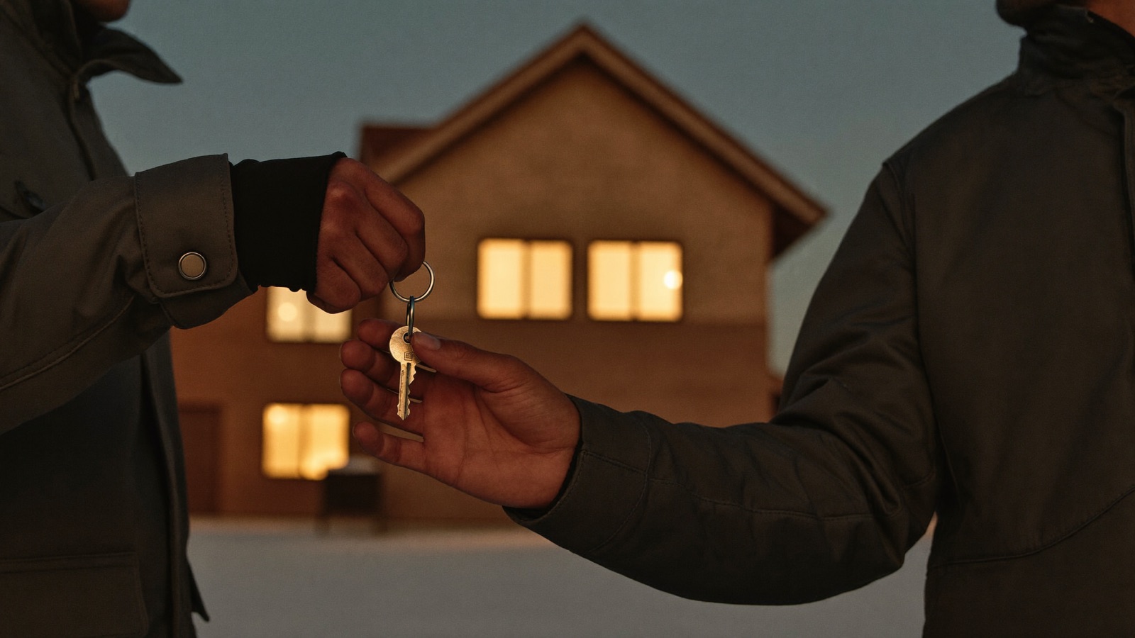 Remise des clés devant une maison de bois neuve au crépuscule, hiver québécois