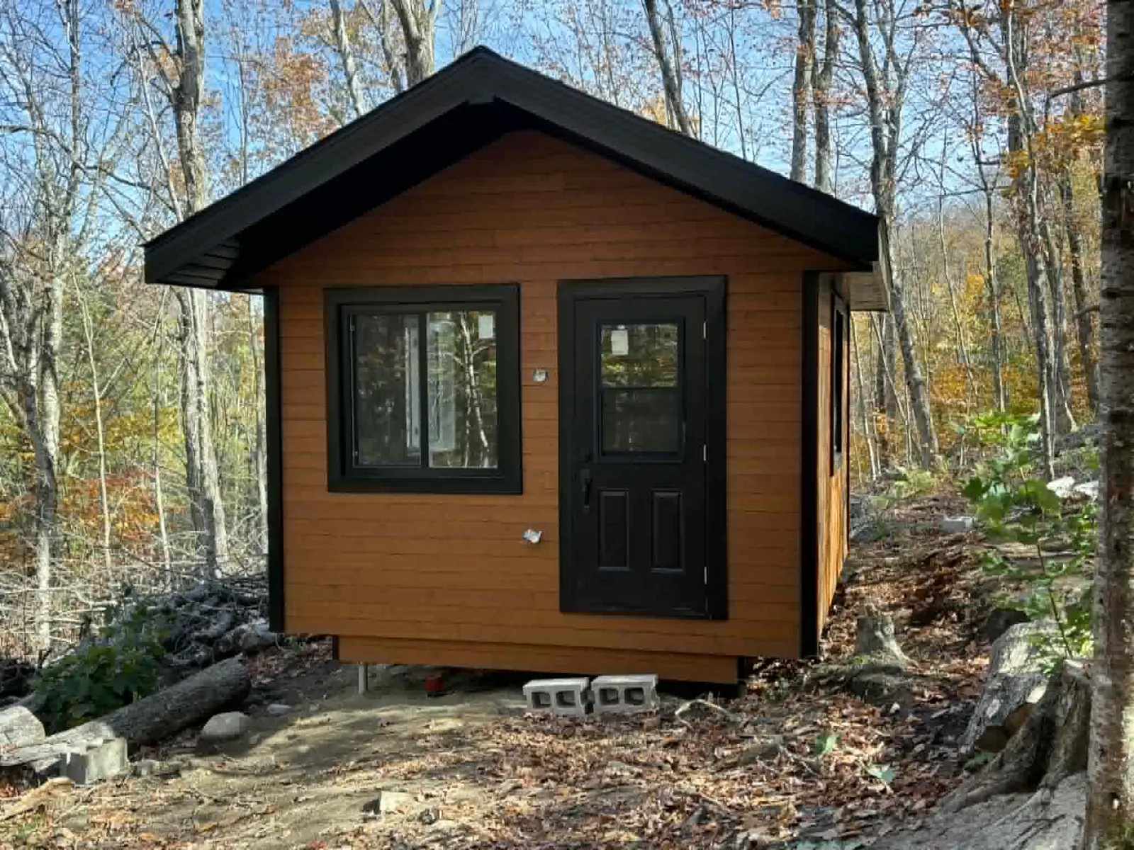 Petit camp en bois teint avec cadres et porte noirs, en pleine forêt d'automne, réalisé par Construction Provençal